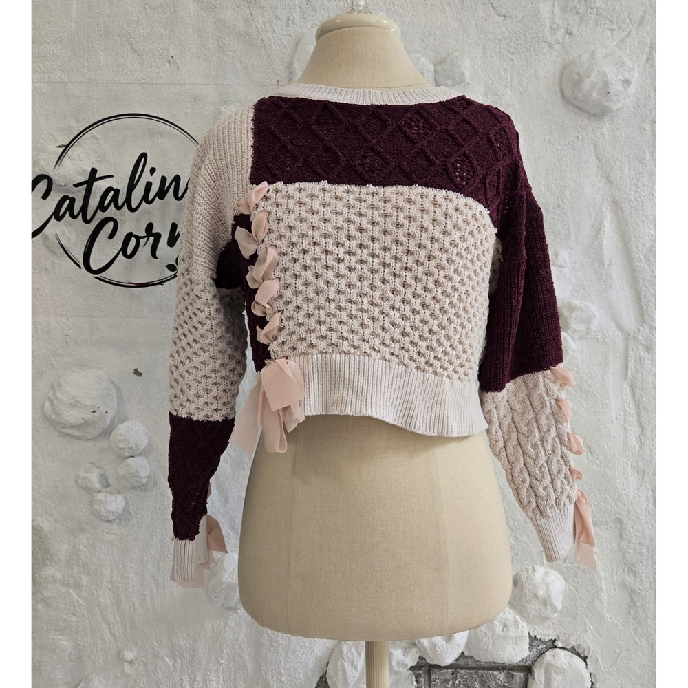 Originality Women Colorblock Cropped Sweater XS Coquette Boho Pixie Cottagecore
